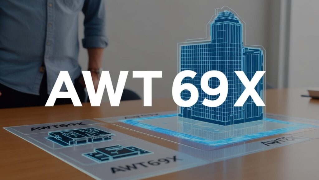 Image of awt69x featuring a hologram of a building on a table with labeled components, showcasing relevant technological elements.