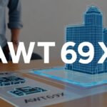 Image of awt69x featuring a hologram of a building on a table with labeled components, showcasing relevant technological elements.