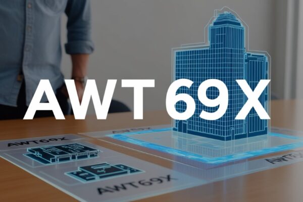 Image of awt69x featuring a hologram of a building on a table with labeled components, showcasing relevant technological elements.