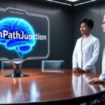 BrainPathJunction hologram of a brain on a table with two professionals discussing insights in a modern office environment.