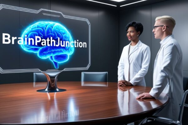 BrainPathJunction hologram of a brain on a table with two professionals discussing insights in a modern office environment.