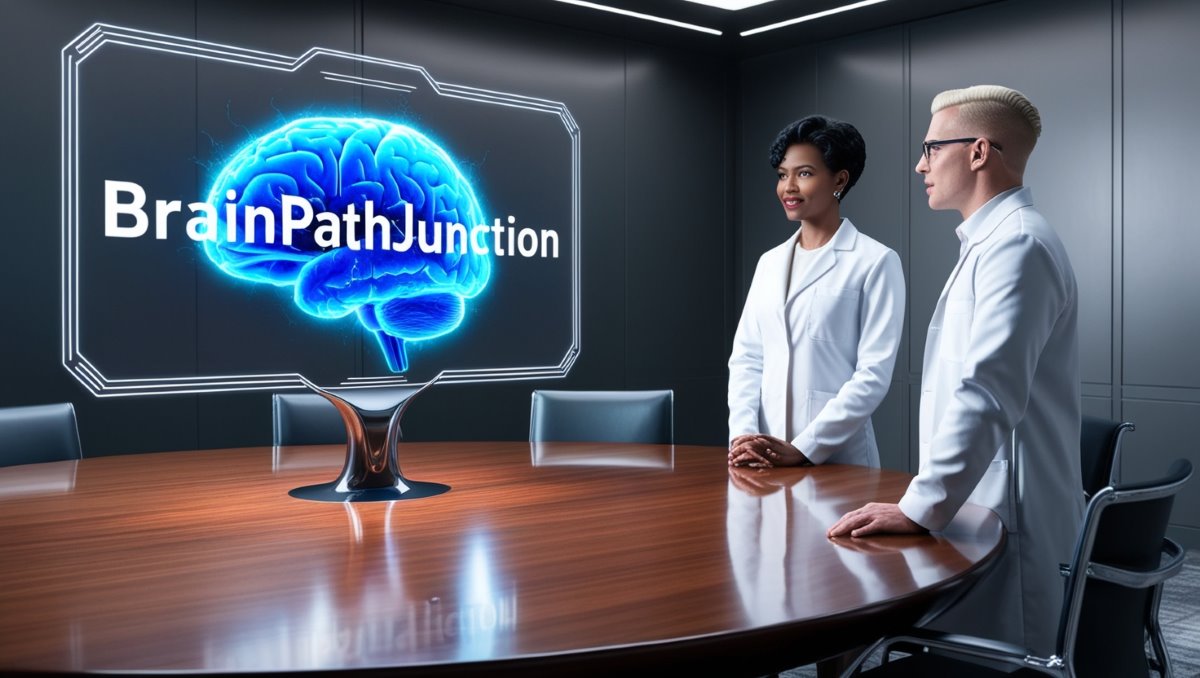 BrainPathJunction hologram of a brain on a table with two professionals discussing insights in a modern office environment.