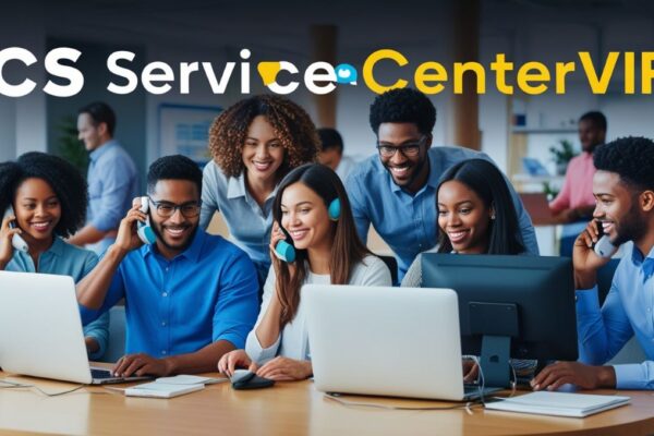 CS ServiceCenterVIP: A diverse team assisting customers online through phone calls and computers in a modern service center environment.