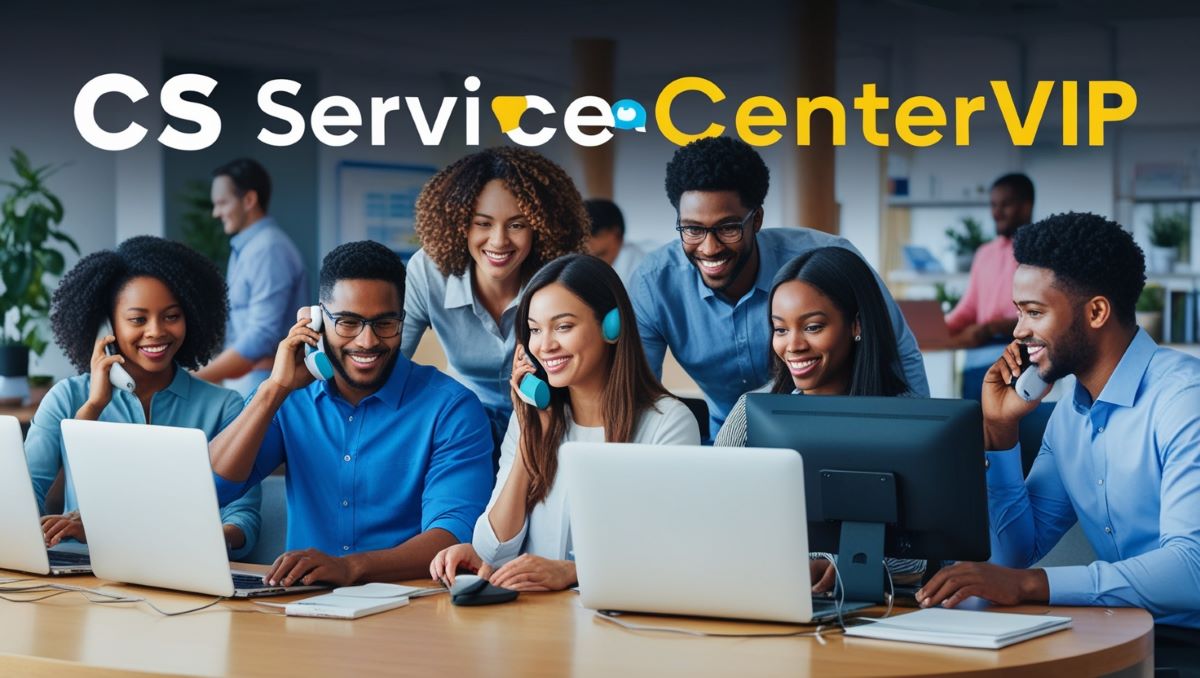 CS ServiceCenterVIP: A diverse team assisting customers online through phone calls and computers in a modern service center environment.