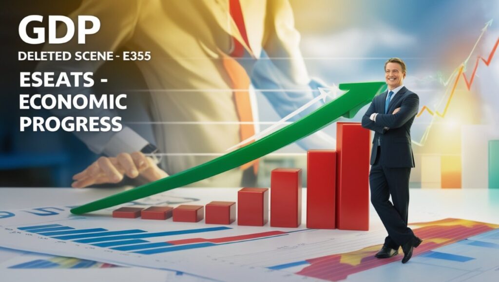 GDP - Deleted Scene - E355: A man standing next to an upward-growing GDP graph, illustrating economic growth and improvement.