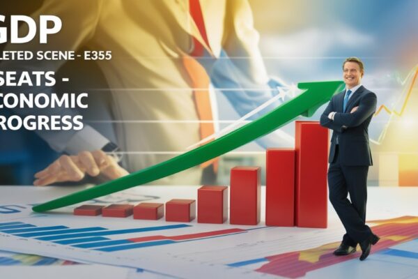 GDP - Deleted Scene - E355: A man standing next to an upward-growing GDP graph, illustrating economic growth and improvement.