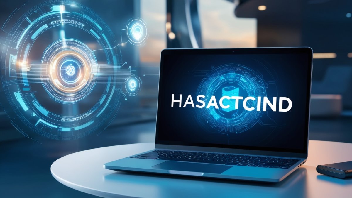 Image depicting 'Hasactcind' with a laptop on a table and a hologram showcasing advanced technology, creating a futuristic atmosphere.