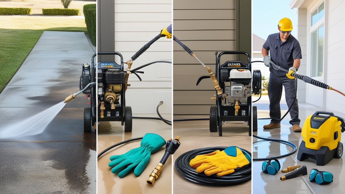 Transformation of a driveway before and after mechanical power washing.