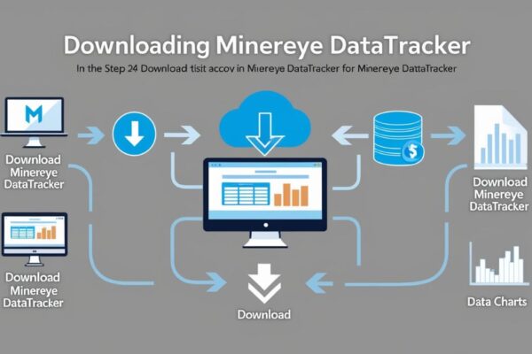 Illustration of the Minereye DataTracker download process, showcasing a computer screen with the download button and data management visuals.