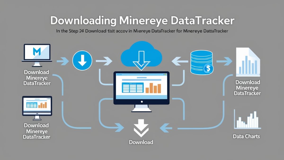 Illustration of the Minereye DataTracker download process, showcasing a computer screen with the download button and data management visuals.