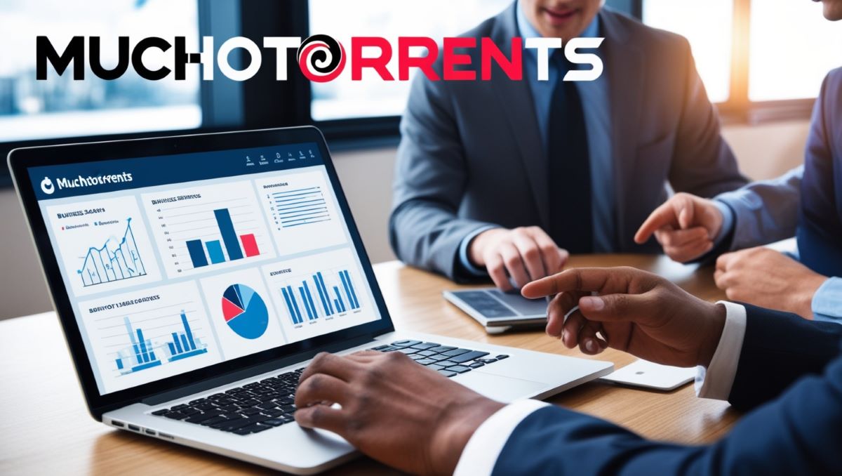 Image showing 'Muchotorrents' on a laptop screen displaying business graphs, with hands of two people collaborating in a tech-savvy environment.