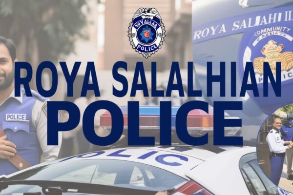 Image of 'roya salahian police' featuring law enforcement elements like a police badge, car, and community interactions.