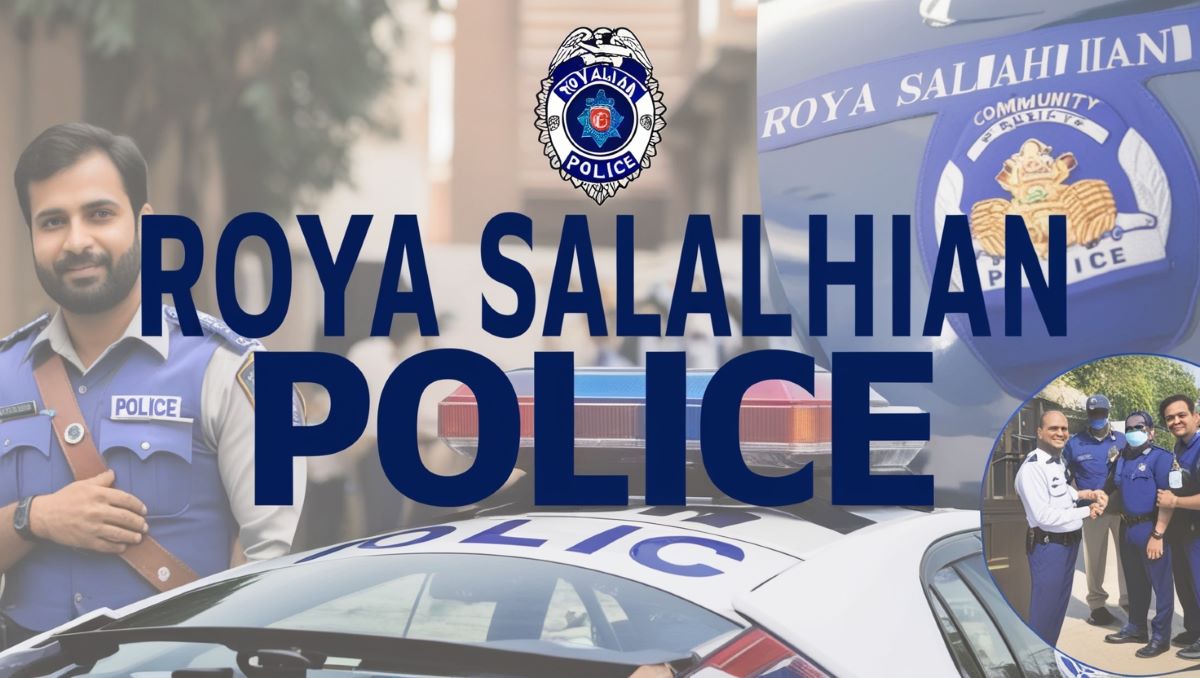 Image of 'roya salahian police' featuring law enforcement elements like a police badge, car, and community interactions.