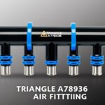 Triangle A78936 air fitting device with black cylindrical body and blue-ringed connectors for pneumatic systems.