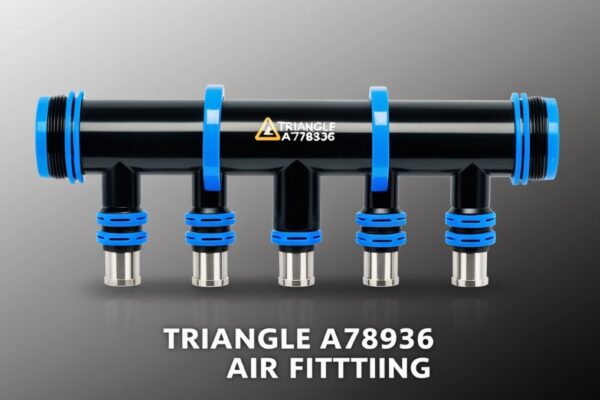 Triangle A78936 air fitting device with black cylindrical body and blue-ringed connectors for pneumatic systems.