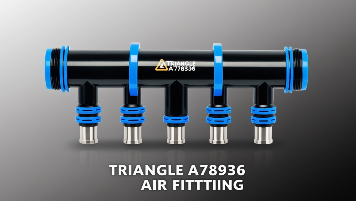 Triangle A78936 air fitting device with black cylindrical body and blue-ringed connectors for pneumatic systems.