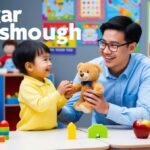 Image featuring Ana Bolick SLP Hickory, showing a cheerful therapy room with a therapist engaging warmly with a young child. The room is filled with educational toys and colorful decorations.