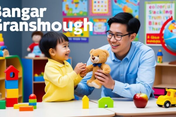 Image featuring Ana Bolick SLP Hickory, showing a cheerful therapy room with a therapist engaging warmly with a young child. The room is filled with educational toys and colorful decorations.