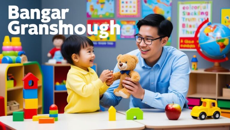 Image featuring Ana Bolick SLP Hickory, showing a cheerful therapy room with a therapist engaging warmly with a young child. The room is filled with educational toys and colorful decorations.