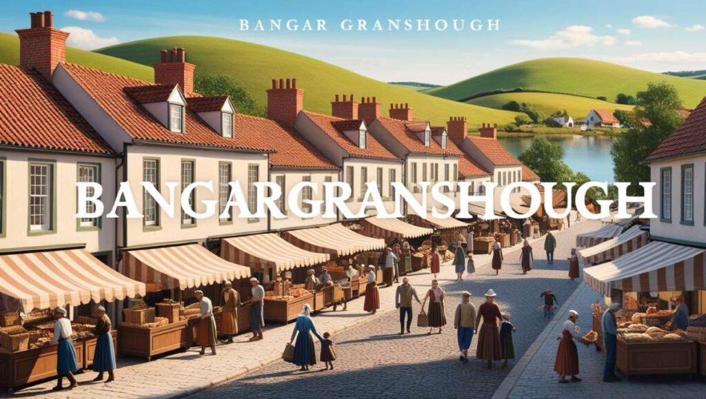 Image featuring the text 'Bangar Granshough' prominently displayed, with a charming town scene including a lively market, quaint European-style buildings, green hills, and a serene background.