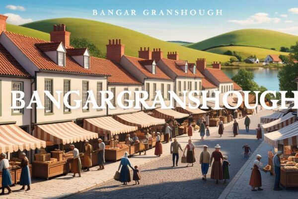 Image featuring the text 'Bangar Granshough' prominently displayed, with a charming town scene including a lively market, quaint European-style buildings, green hills, and a serene background.